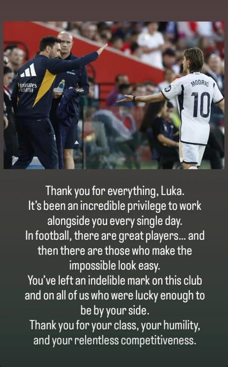 小安切洛蒂致謝莫德里奇：感謝你的一切，與你共事是莫大的幸運