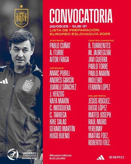 西班牙U21 squad includes Gerard Martin, Fermin, Torres, and Rafi Marin